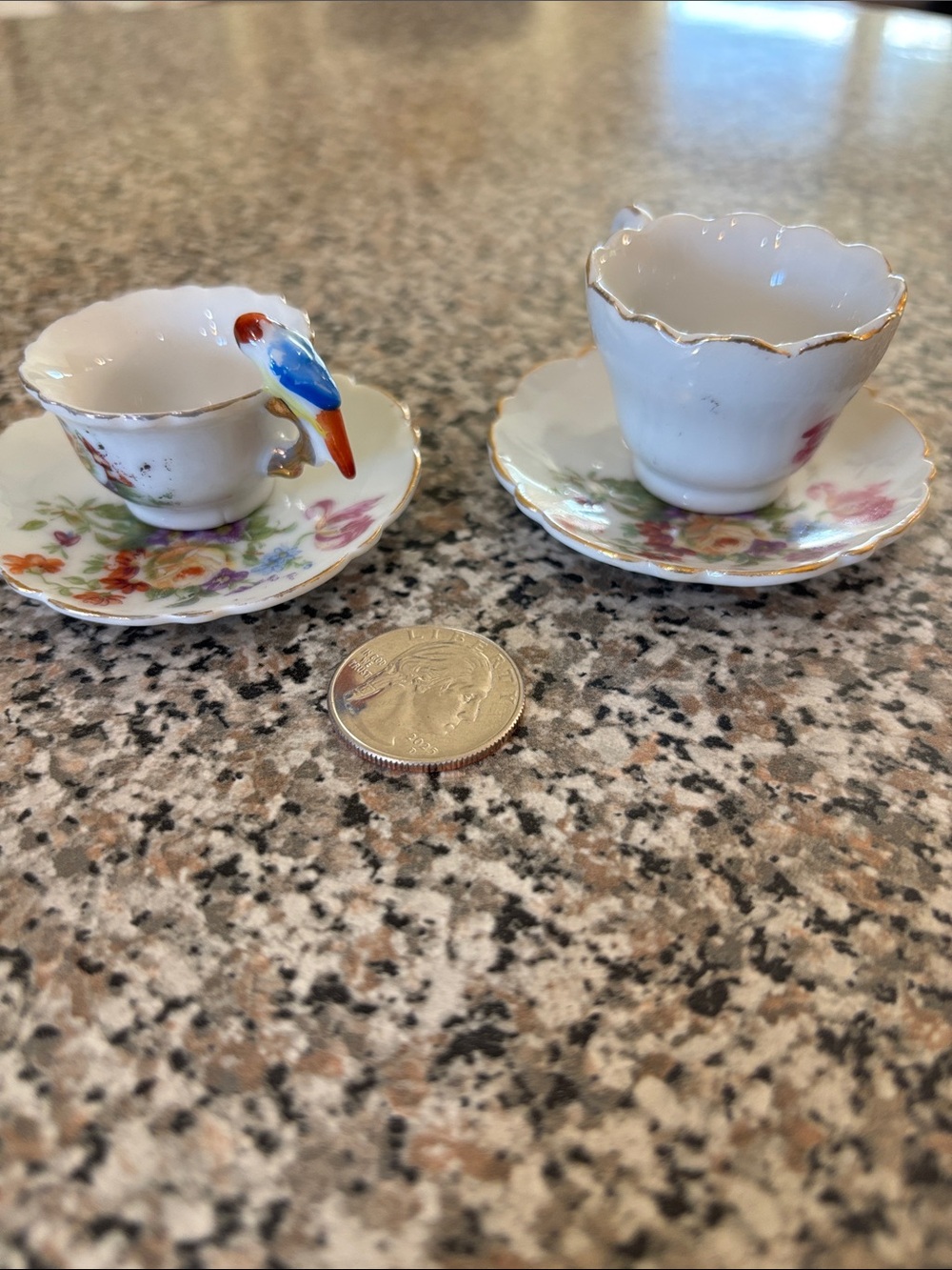 Vintage Miniature Tea Cup and Saucer Set Japan Figural Bird Parrot Floral 4pc